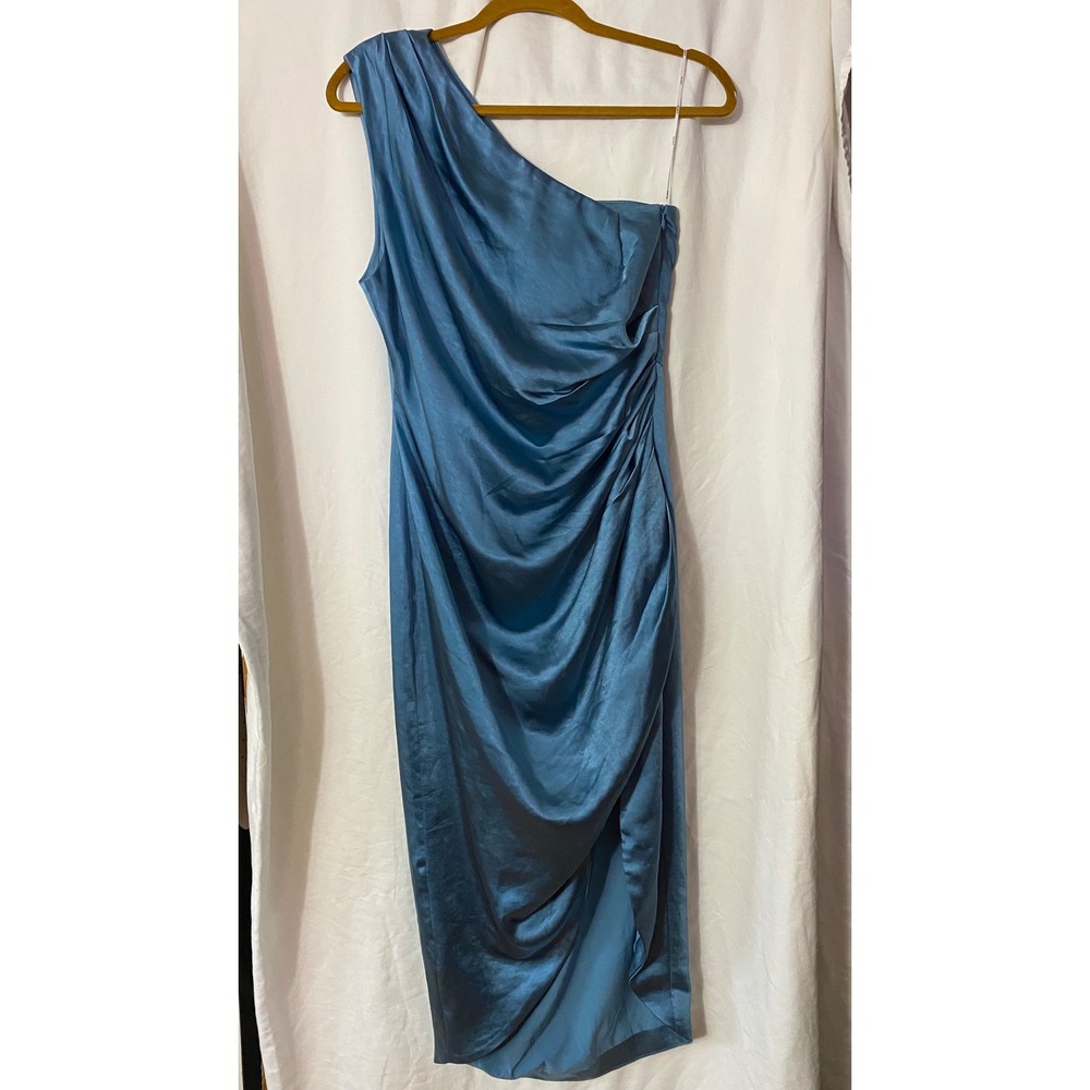 Elliatt One Shoulder Ruched Satin Midi Dress Blue Metallic Womens L